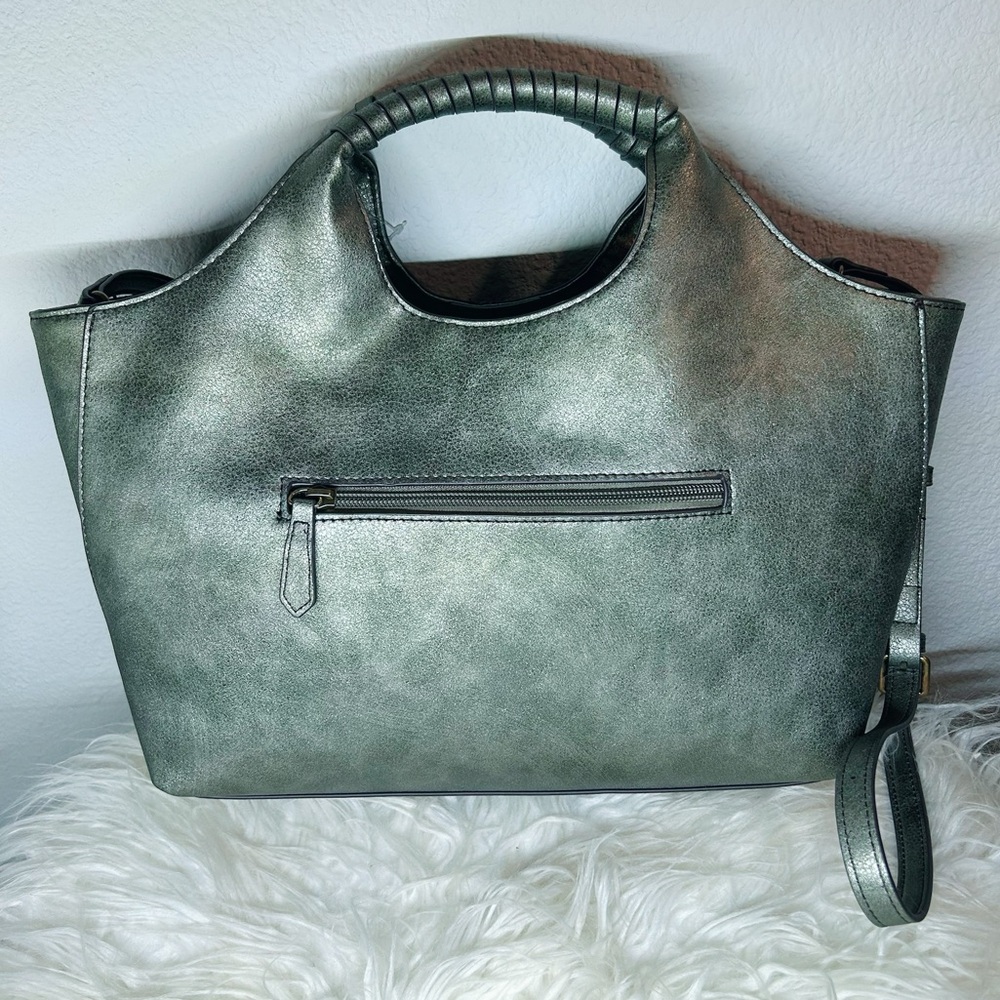 🔥🔥 SALE Pewter Green Satchel with Crossbody Strap Bag Snap Closure NWT - Picture 2 of 4